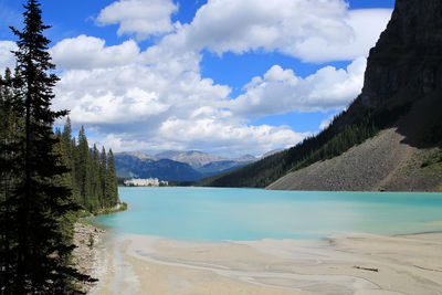 Scenic view of lake louise by mountain against sky