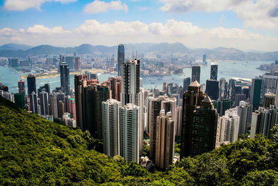 High angle view of modern buildings and victoria harbor