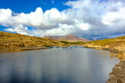 Scenic view of lake and mountains against sky