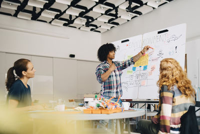 Confident businessman explaining plastic waste management plan to female technicians over whiteboard at creative office