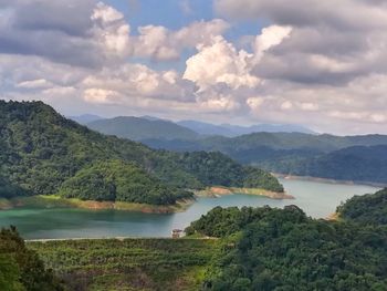 Scenic view of river by mountains against sky