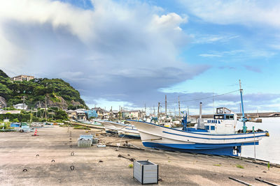 Fishing boats moored on the port of the kanaya village in futtsu city along the uraga channel.