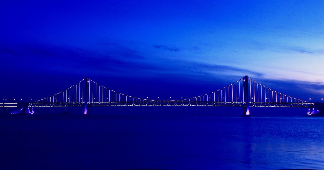 connection, bridge - man made structure, architecture, built structure, suspension bridge, engineering, sky, illuminated, blue, bridge, transportation, water, cable-stayed bridge, river, city, travel destinations, dusk, night, travel, famous place