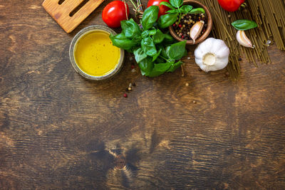 High angle view of fruits and vegetables on table