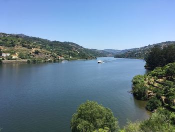 Scenic view of bay against clear sky