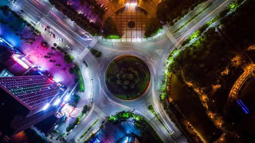 High angle view of illuminated city at night
