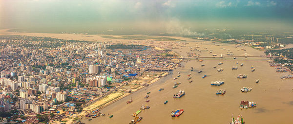 High angle view of city at sunset