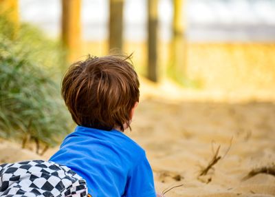 Rear view of boy on sand