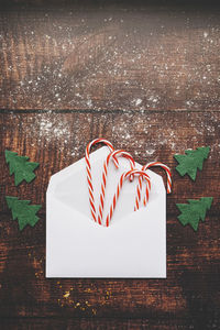 High angle view of christmas decorations on table