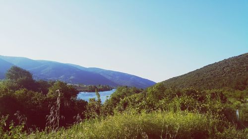 Scenic view of mountains against clear blue sky