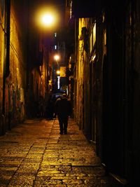 Rear view of woman walking on street amidst illuminated city at night