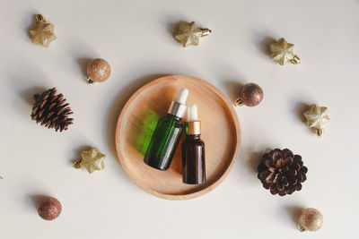 High angle view of christmas decorations on table