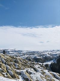 Aerial view of snowcapped landscape against sky