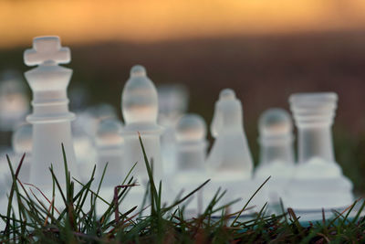 Chess pieces on grassy field