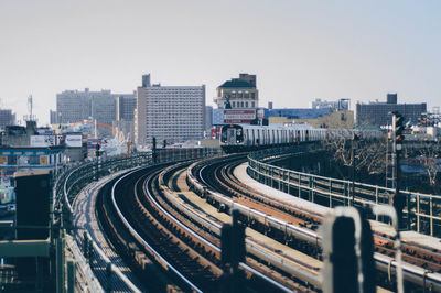 High angle view of railroad tracks against clear sky