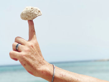 Cropped hand of woman holding seashell at beach