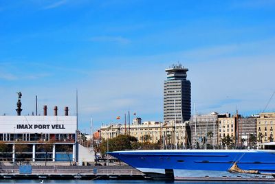 Boats in river with buildings in background