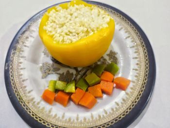 High angle view of breakfast served in plate