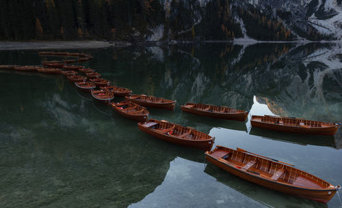 High angle view of boats moored in river