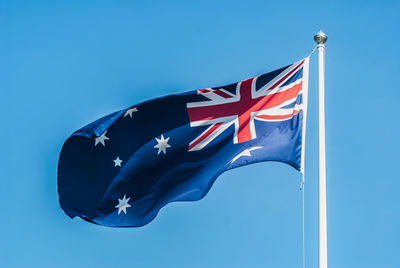 Low angle view of britain flag against clear blue sky