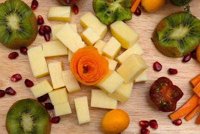 High angle view of chopped vegetables on cutting board