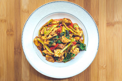 High angle view of food in plate on table