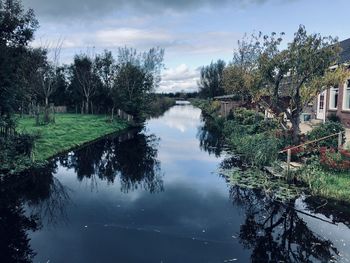 Reflection of trees in lake against sky