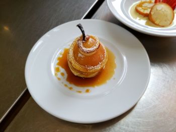 High angle view of cake in plate on table