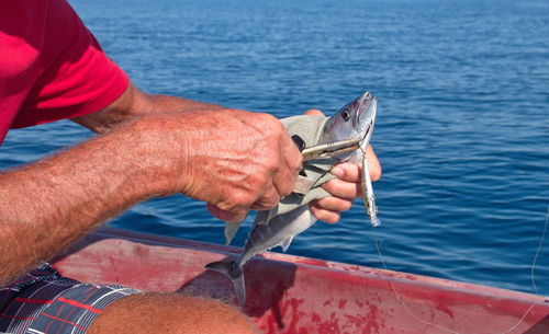 Man holding fishing boat sailing in sea