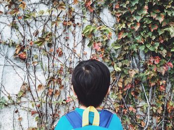 Rear view of boy looking at dry ivy plants on wall