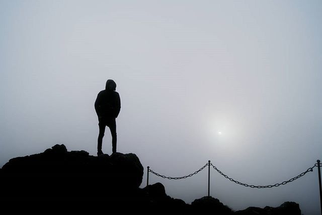 silhouette, standing, copy space, clear sky, men, full length, leisure activity, lifestyles, rear view, sunset, tranquility, tranquil scene, nature, sky, beauty in nature, low angle view, scenics, dusk