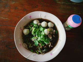 High angle view of soup in bowl on table