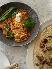 High angle view of food in plate on table