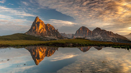 Scenic view of lake by mountain against sky