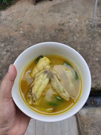 High angle view of person holding soup in bowl