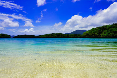 Scenic view of sea against blue sky