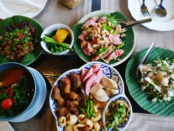 High angle view of food served on table