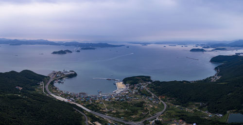 High angle view of bay against sky