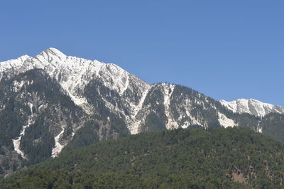 Low angle view of mountain against clear blue sky