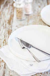 High angle view of bread in plate on table