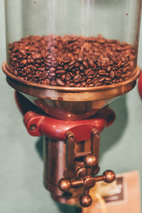 Roasted coffee beans in grinder