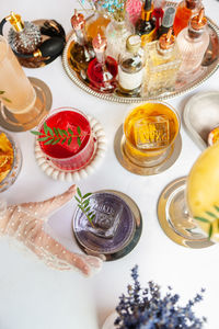 High angle view of christmas decorations on table