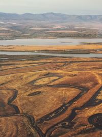 High angle view of land against sky