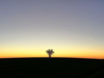 Scenic view of field against clear sky during sunset