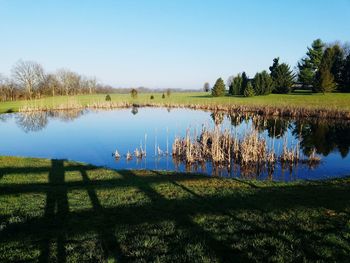 Scenic view of calm lake against clear sky