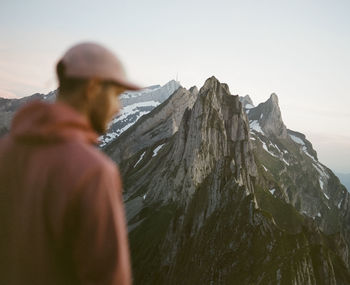 Mountain views while hiking in the swiss alps during blue hour. medium format kodak portra 400 film.