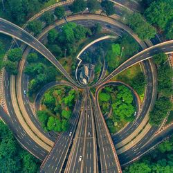 High angle view of road amidst trees in city