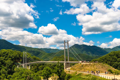 Scenic view of suspension bridge against cloudy sky