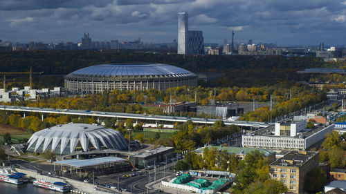 Aerial view of city against sky