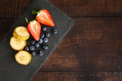 High angle view of fruits on table